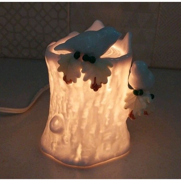 Vintage Ceramic Night Light Accent Lamp Tree Stump Birds Leaves Soft Glow 1950s - Picture 10 of 13
